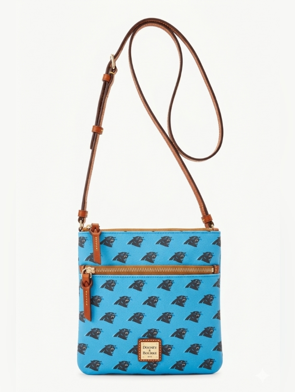 Dooney & Bourke Blue Carolina Panthers Print Crossbody with Brown Trim~Like New